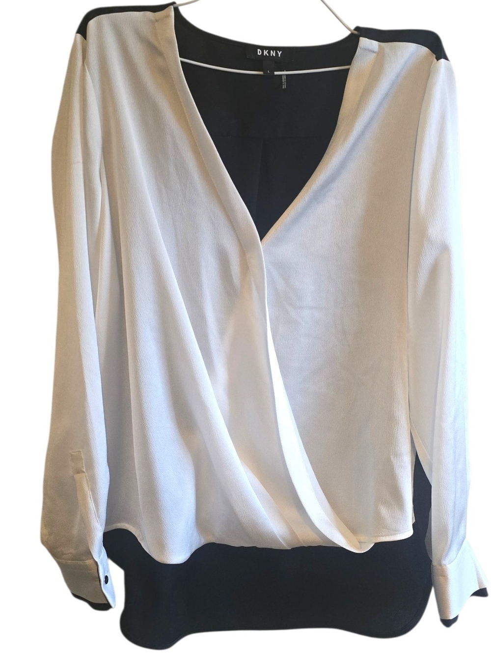 DKNY Cream and Black Draped Wrap-Front Blouse